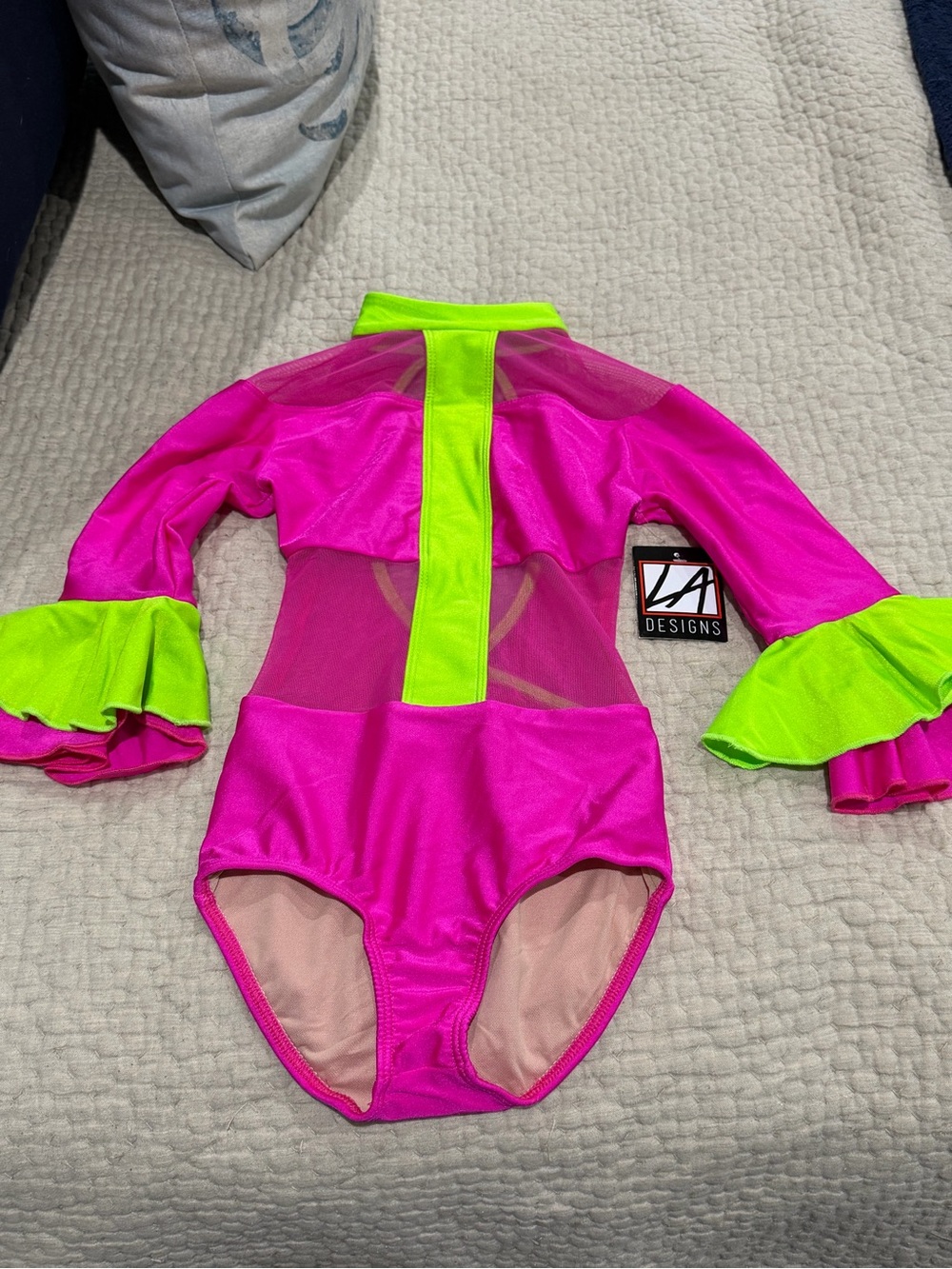 NWT LA Designs Adora Neon Pink Green Dance Leotard Child Large CL